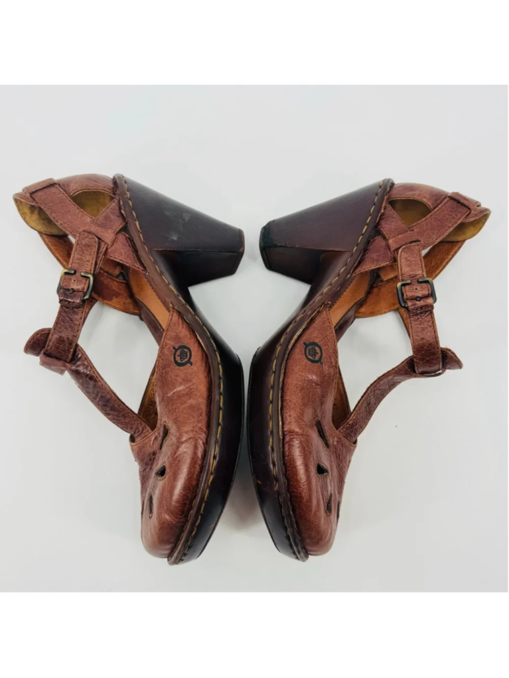 Born Charisma Mary Jane Brown Leather Cutout T-Strap Wedge Heels Size 10